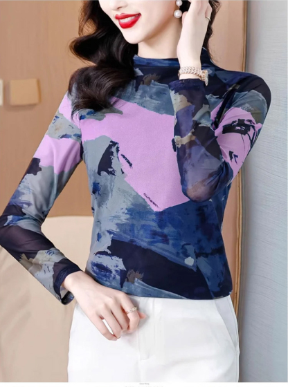 เสื้อยืดคอเต่าผ้าตาข่ายสองชั้นพิมพ์ลายแฟชั่นฟิตตัว