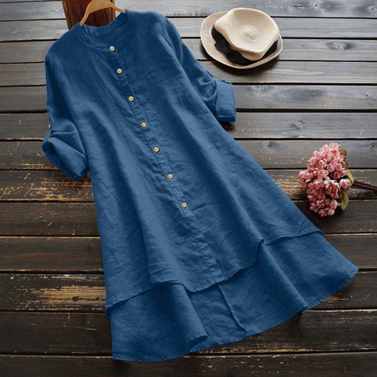 ชุดเดรสผ้าฝ้ายลินินชายเสื้อเก๋รุ่นยาว 