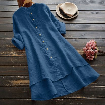 ชุดเดรสผ้าฝ้ายลินินชายเสื้อเก๋รุ่นยาว 