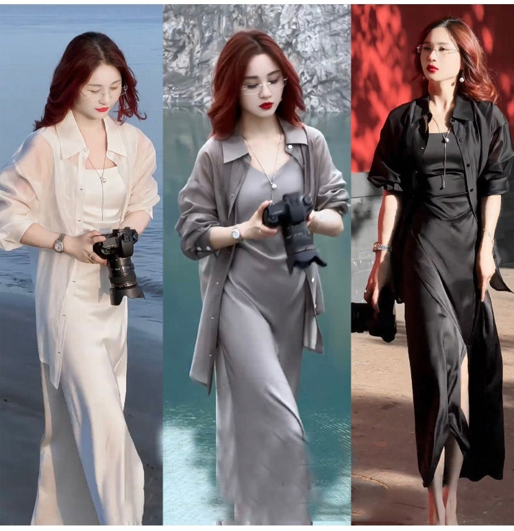 ชุดเซ็ตเสื้อกันแดด + ชุดเดรสหรูหราสองชิ้น