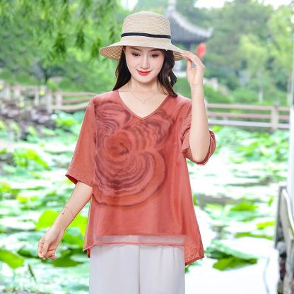 เสื้อยืดแขนสั้นผ้าไหมสไตล์วินเทจรุ่นใหม่ในฤดูกาลนี้