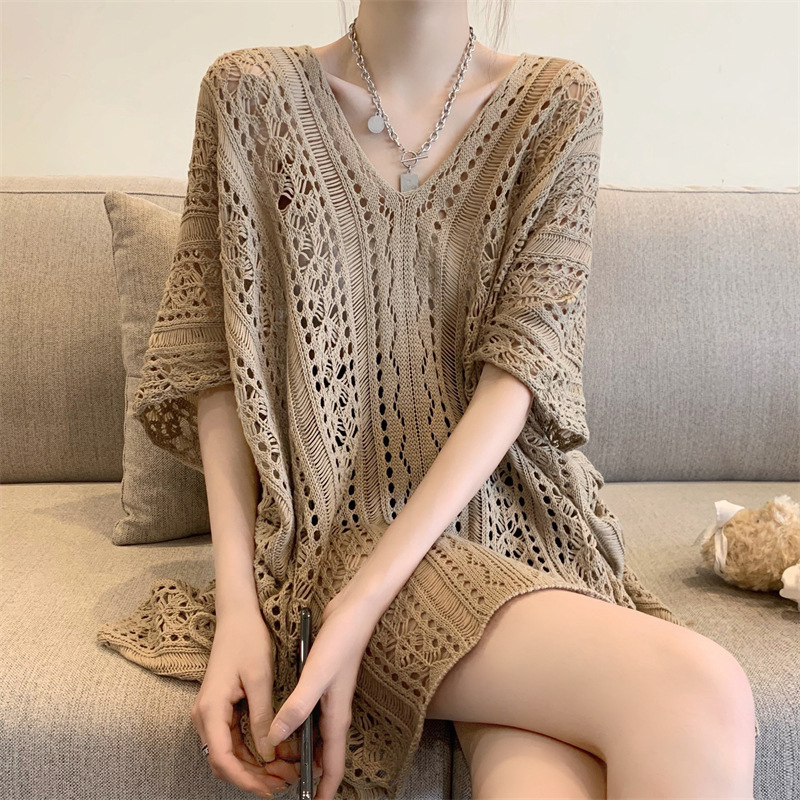 เสื้อคลุมถักคอวีผูกเชือกแบบโปร่ง-สไตล์วันหยุดป้องกันแสงแดด