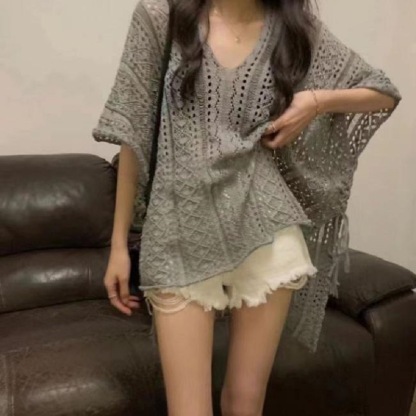 เสื้อคลุมถักคอวีผูกเชือกแบบโปร่ง-สไตล์วันหยุดป้องกันแสงแดด