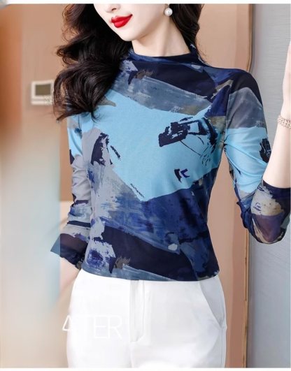 เสื้อยืดคอเต่าผ้าตาข่ายสองชั้นพิมพ์ลายแฟชั่นฟิตตัว