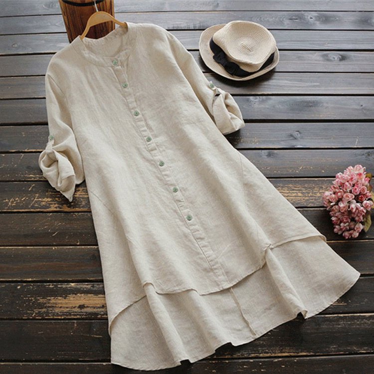 ชุดเดรสผ้าฝ้ายลินินชายเสื้อเก๋รุ่นยาว 