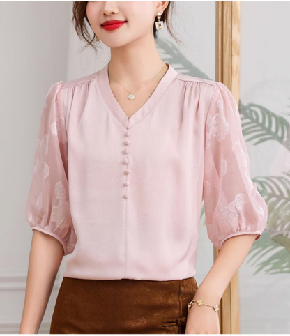 【ผู้หญิงมีเสน่ห์】เสื้อเชิ้ตผ้าไหมคอวีสง่างาม