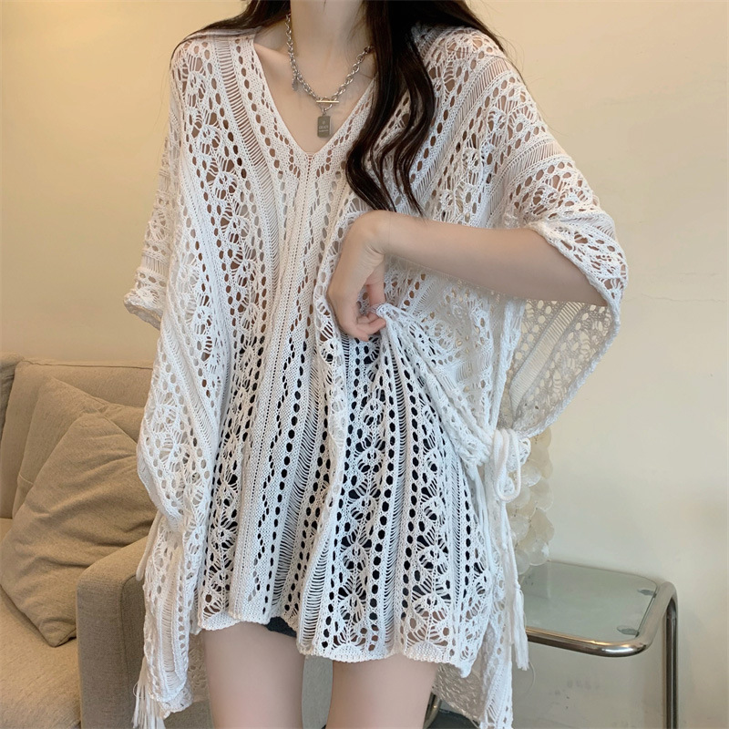 เสื้อคลุมถักคอวีผูกเชือกแบบโปร่ง-สไตล์วันหยุดป้องกันแสงแดด