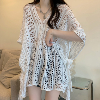 เสื้อคลุมถักคอวีผูกเชือกแบบโปร่ง-สไตล์วันหยุดป้องกันแสงแดด