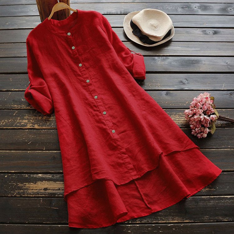ชุดเดรสผ้าฝ้ายลินินชายเสื้อเก๋รุ่นยาว 