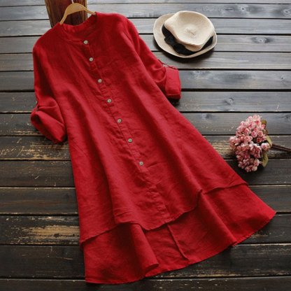 ชุดเดรสผ้าฝ้ายลินินชายเสื้อเก๋รุ่นยาว 