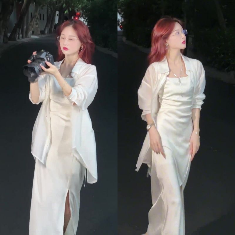 ชุดเซ็ตเสื้อกันแดด + ชุดเดรสหรูหราสองชิ้น