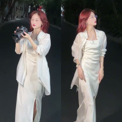 ชุดเซ็ตเสื้อกันแดด + ชุดเดรสหรูหราสองชิ้น