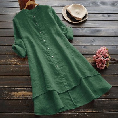 ชุดเดรสผ้าฝ้ายลินินชายเสื้อเก๋รุ่นยาว 