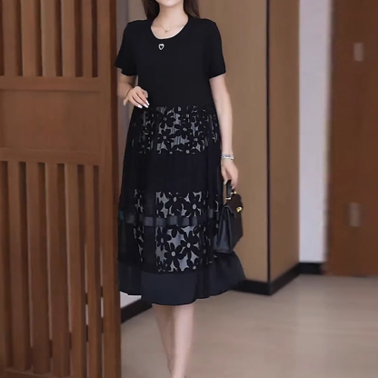 ชุดเดรสแขนสั้นคอกลม เย็บต่อผ้าตาข่าย พิมพ์ลาย