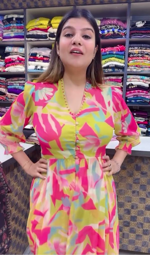 Chinon Soft With Digital Printed Multi Color Beautiful Hand mand Dress