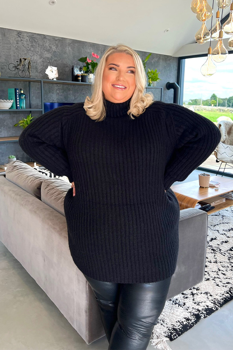 Roll Neck Longline Knitted Jumper