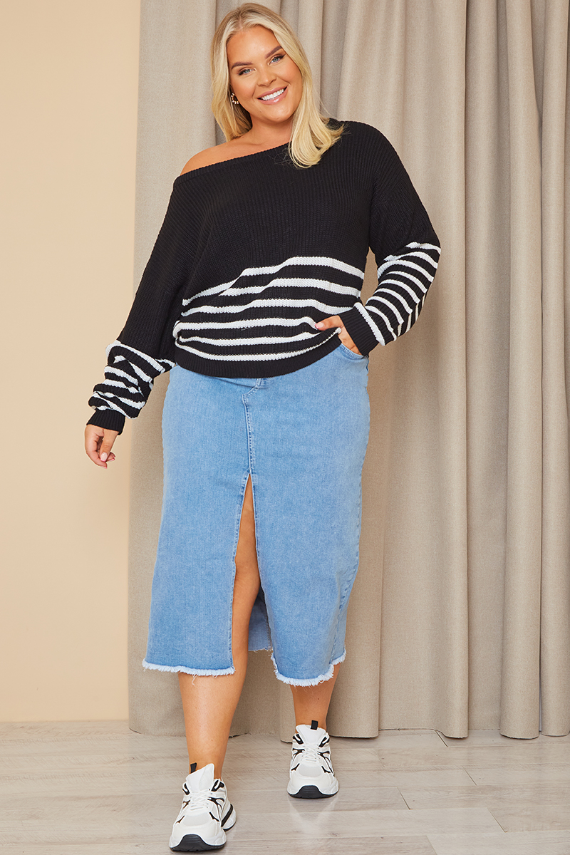 Monochrome Stripe Off Shoulder Knitted Jumper