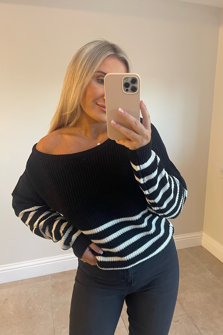 Monochrome Stripe Off Shoulder Knitted Jumper