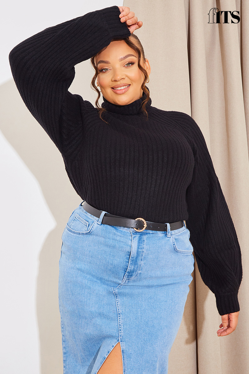 Roll Neck Ribbed Knitted Jumper