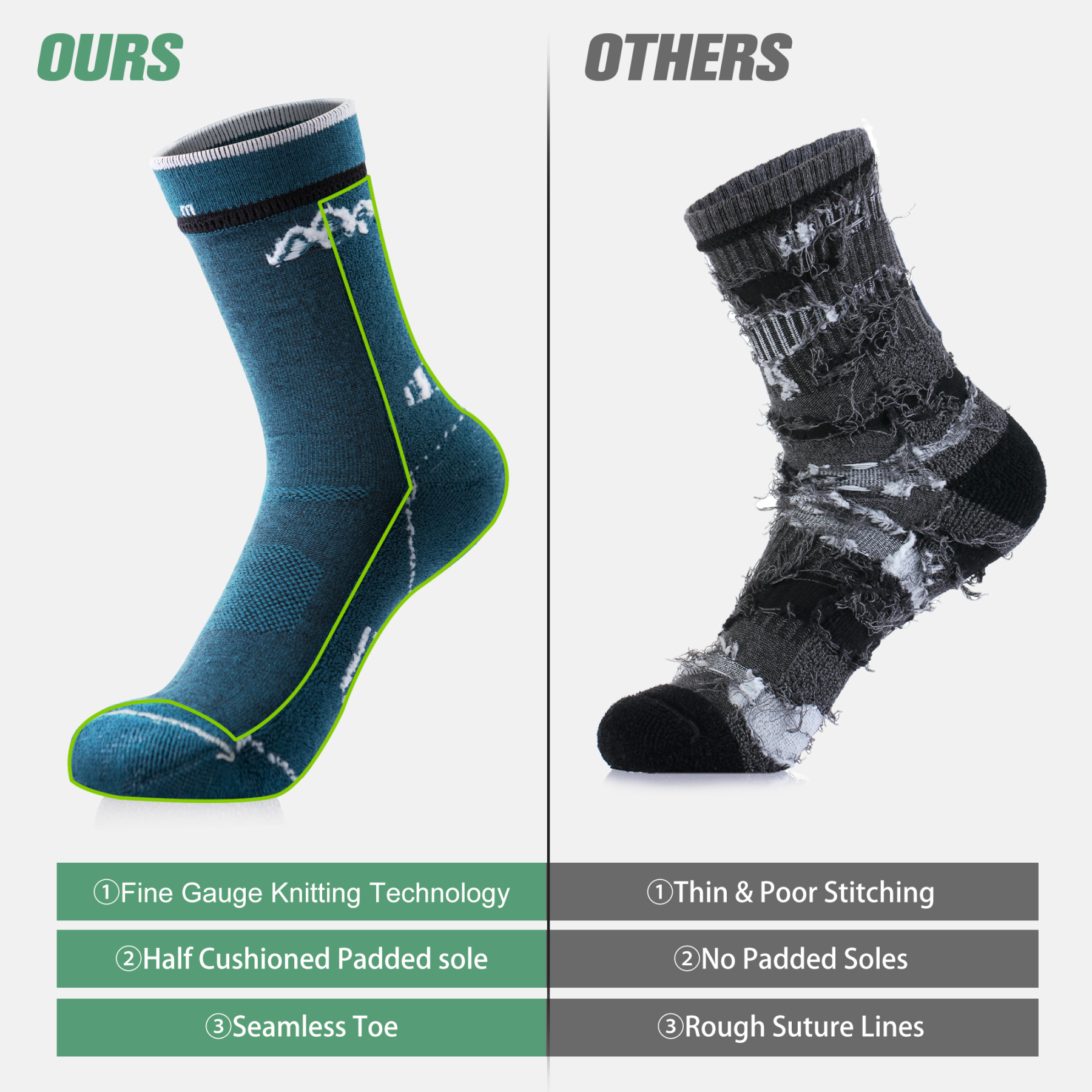 3 Pack Men's Merino Wool Micro Crew Half Cushioned Hiking Socks SS02M