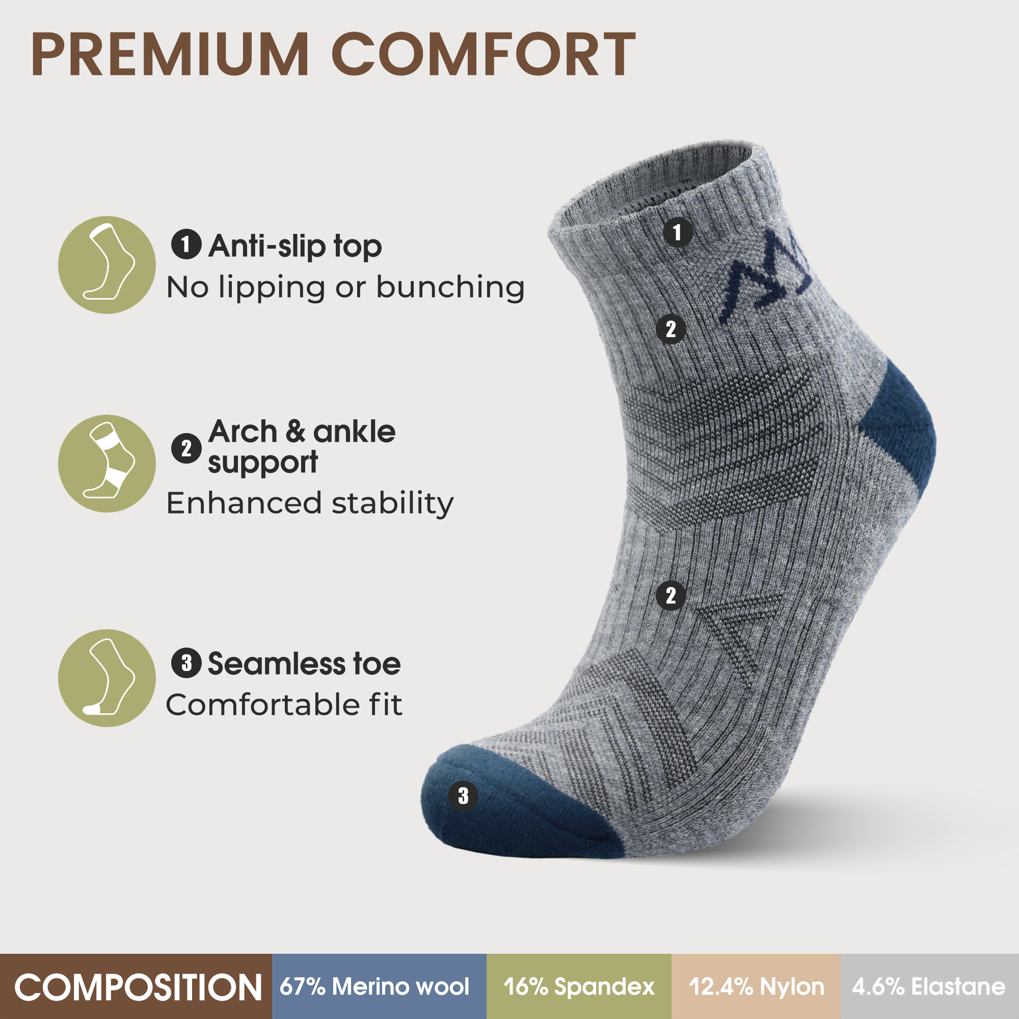 5 Pack Men's Merino Wool Quarter Hiking Running Socks Target Cushioned SS13M