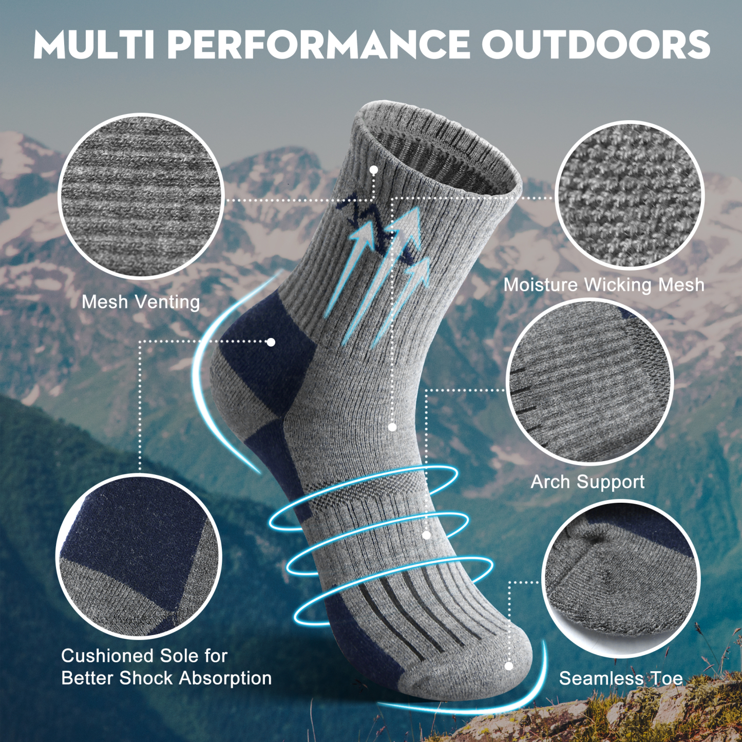 3 Pack Men's Merino Wool Micro Crew Half Cushioned Hiking Socks SS01M