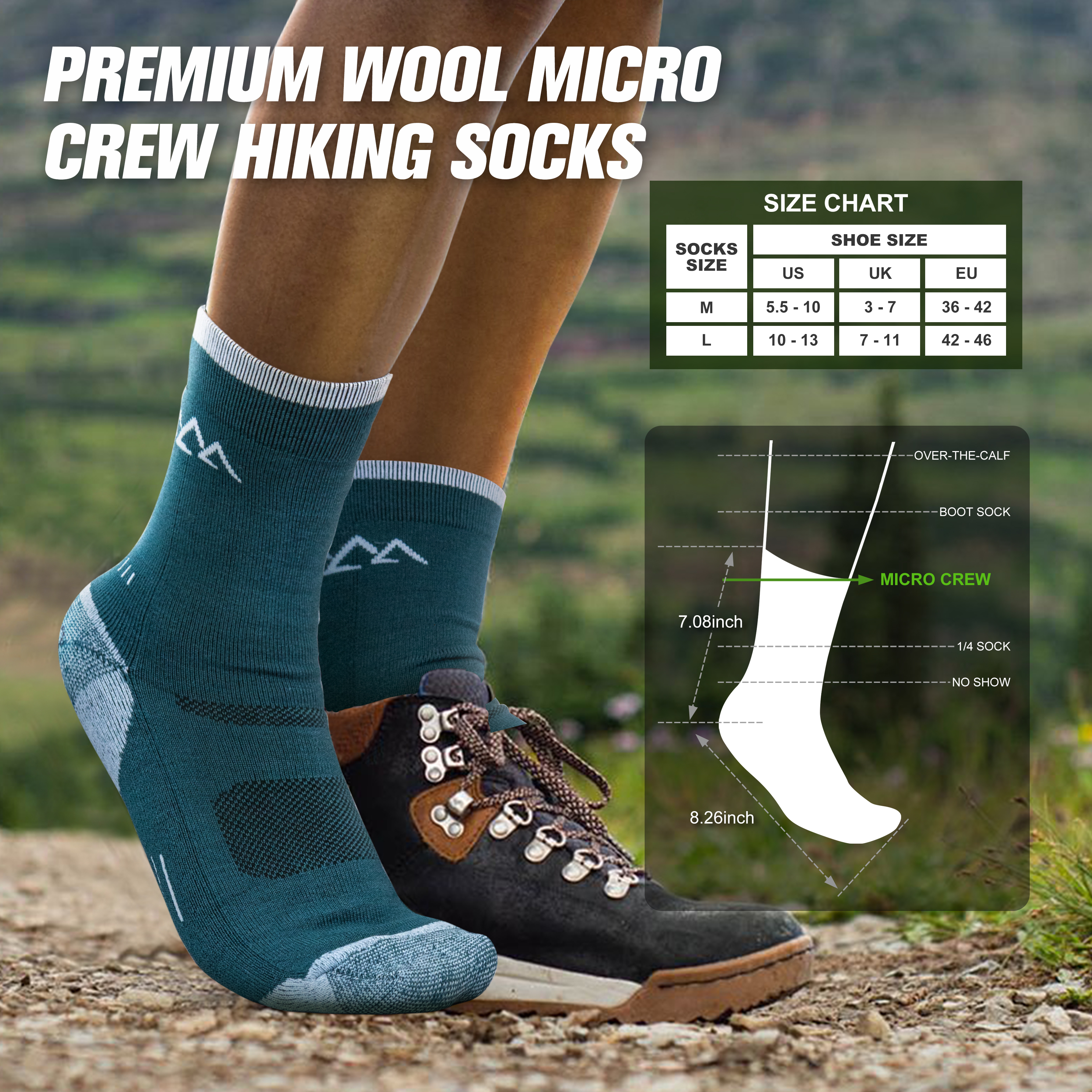 3 Pack Men's Merino Wool Micro Crew Half Cushioned Hiking Socks SS02M