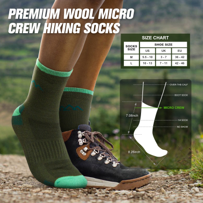 3 Pack Men's Merino Wool Micro Crew Half Cushioned Hiking Socks SS09M