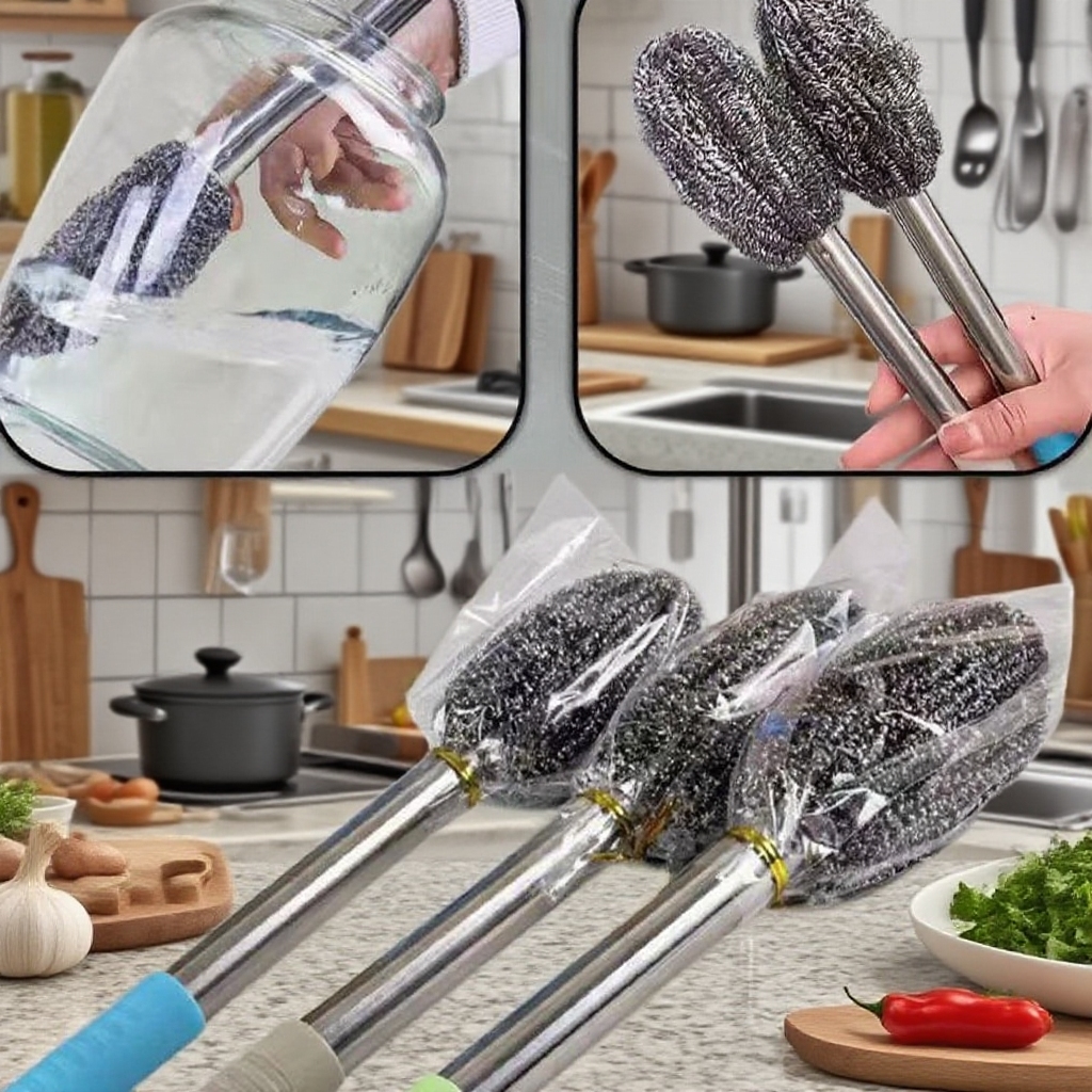 特殊なクリーニングボール 鍋やフライパンを洗う ステンレスベルト 長い棒 クリーニングツールセット クリーニングツールは手を痛めない ツールセット ワイヤーボール