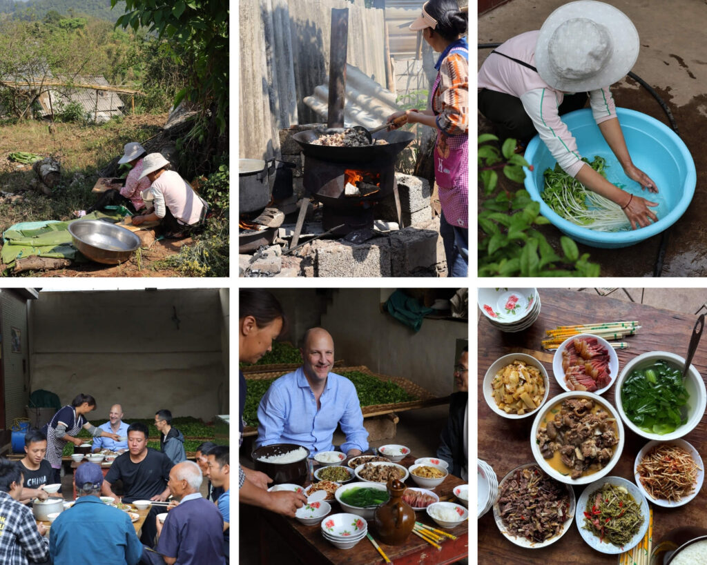 eating a meal with the tea farmers at the end of the picking season, Yunnan