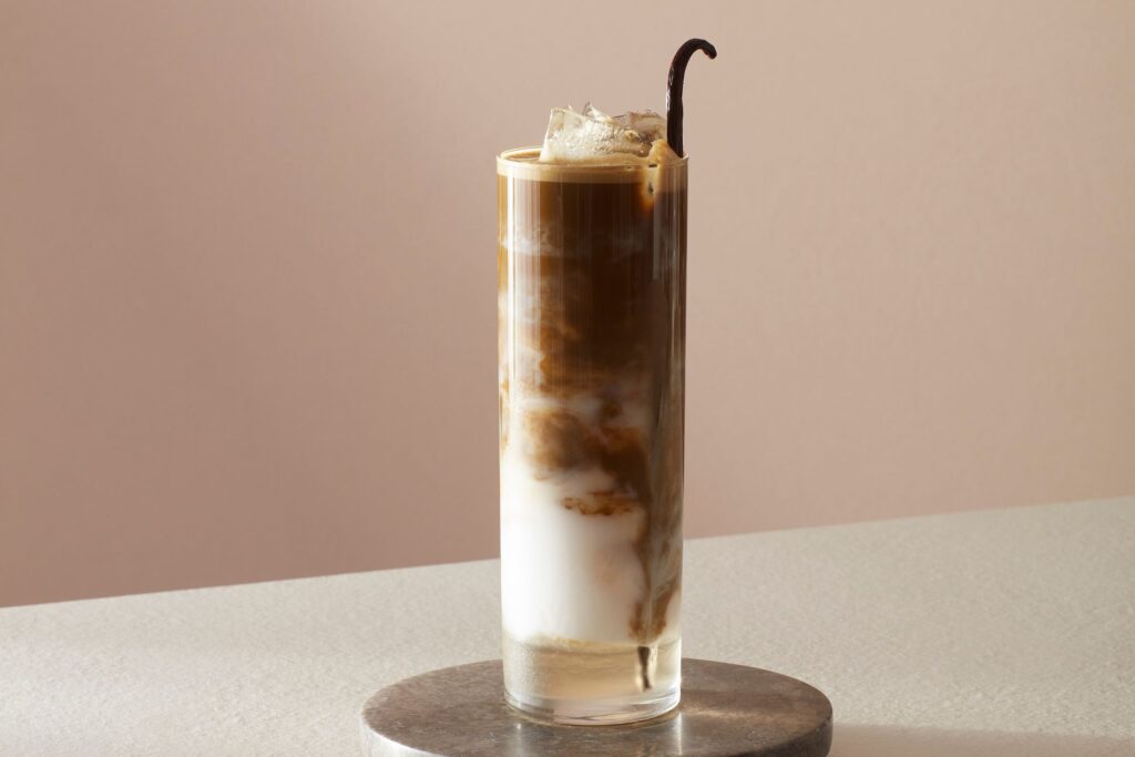 Coconut Vanilla Hojicha Iced Latte using AVANTCHA Organic Hojicha powder