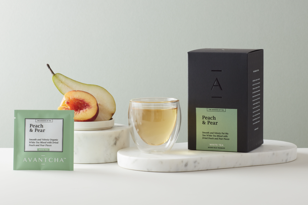 AVANTCHA Peach and Pear herbal tea in loose tea, tea caddies, and silk teabags 