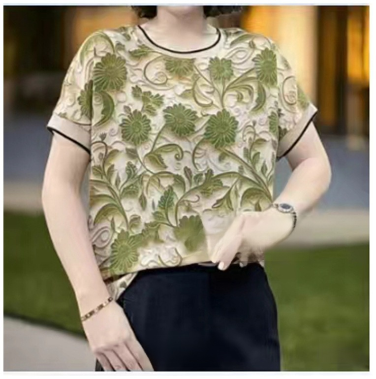 เสื้อแขนสั้นสวยงาม พิมพ์ลายดอกไม้สามมิติ