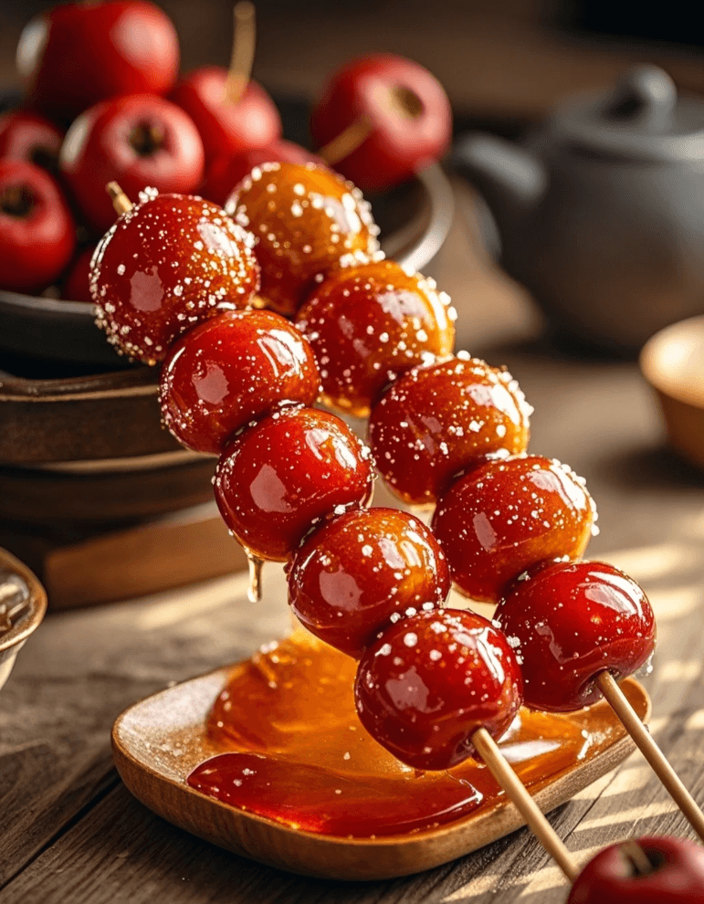 冰糖葫芦 ── 北京の冬の風物詩、輝く琥珀色の縁起菓子