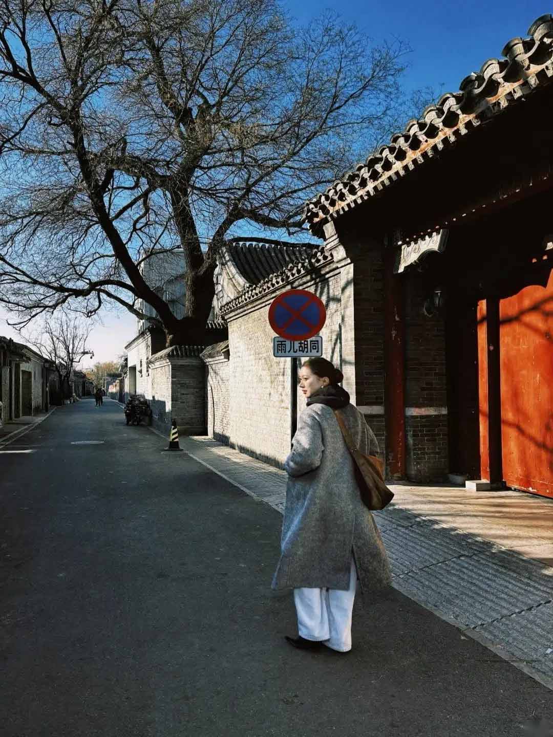 伝統的な四合院（しごういん）の門前を散策する中国人ガイドと外国人観光客
