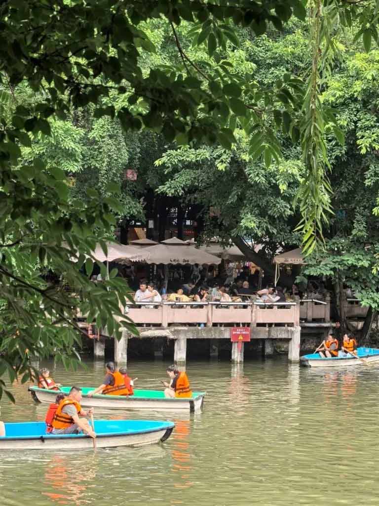 成都人民公園の木々に囲まれた湖の風景