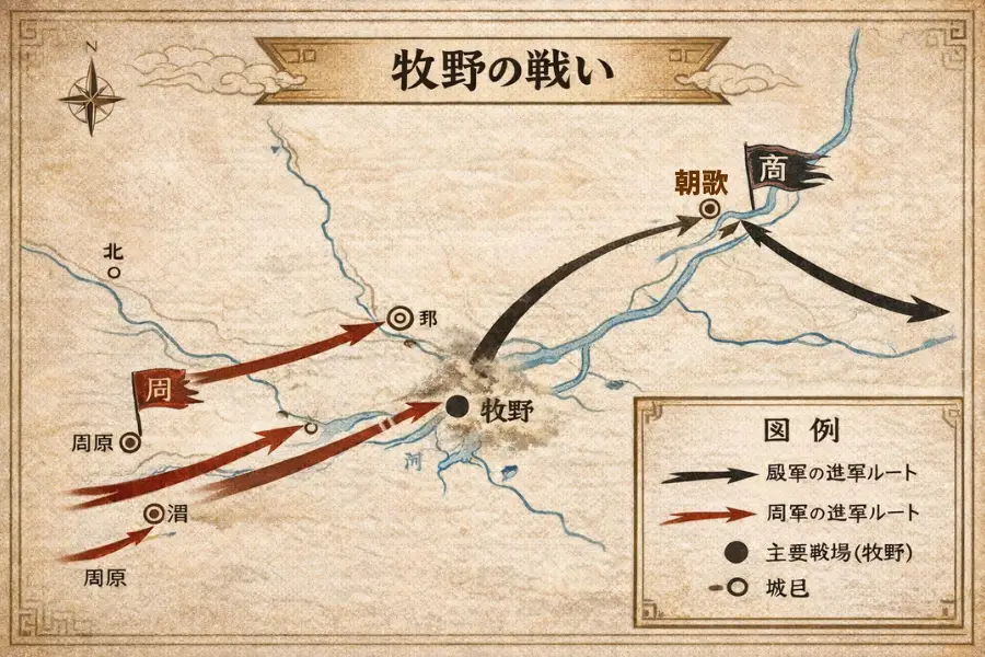 牧野の戦いと殷王朝滅亡の流れを示す図