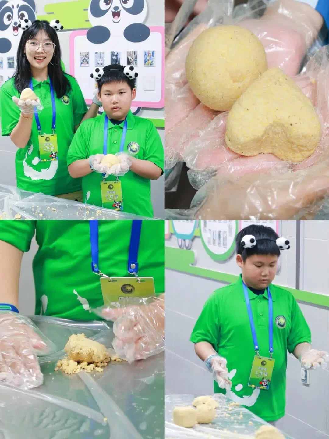 パンダのために竹や餌を準備するボランティア