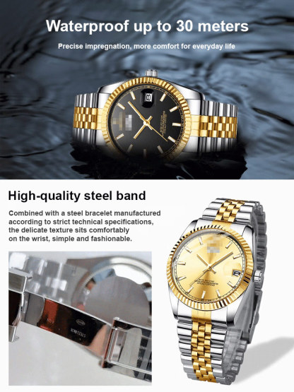 Men's Classic Date Week Water Resistant Steel Strap Watch