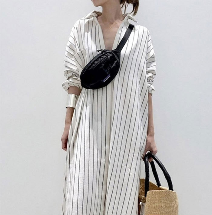 シャツワンピース　レディース　ロング丈　マキシ丈　ストライプ　ワンピース　2WAY着用　ワンピ　ロングワンピース　カーディガン　長袖　体型カバー　ゆったり　春夏　春秋　カジュアル　リラックス　出かける　お呼ばれ　マタニティ　妊娠服