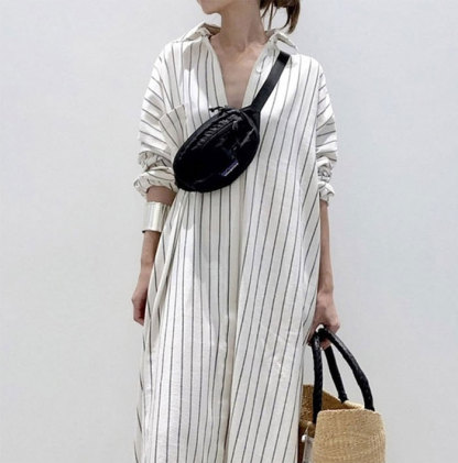 シャツワンピース　レディース　ロング丈　マキシ丈　ストライプ　ワンピース　2WAY着用　ワンピ　ロングワンピース　カーディガン　長袖　体型カバー　ゆったり　春夏　春秋　カジュアル　リラックス　出かける　お呼ばれ　マタニティ　妊娠服