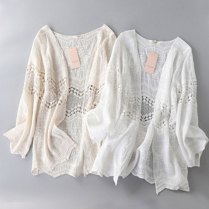カーディガン ミドル丈 クロシェ編み 薄手 綿100% 透かし彫り 刺繍 レース コットン レディース 春 春夏 UVカット さらっと羽織れる 紫外線カット 夏ニット サマーニット ニットカーディガン おしゃれ 冷房対策 夏春 長袖 前開き ライトアウター ゆったり 大人可愛い