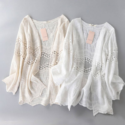 カーディガン ミドル丈 クロシェ編み 薄手 綿100% 透かし彫り 刺繍 レース コットン レディース 春 春夏 UVカット さらっと羽織れる 紫外線カット 夏ニット サマーニット ニットカーディガン おしゃれ 冷房対策 夏春 長袖 前開き ライトアウター ゆったり 大人可愛い