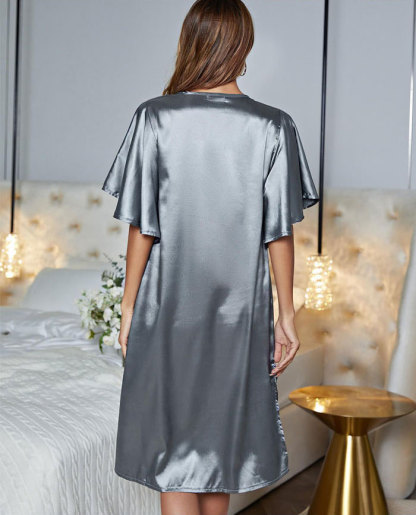 ネグリジェ レディース 接触冷感 シルクタッチ 光沢感 無地 ワンピース 春夏 夏 半袖 ロング ナイトウエア ナイトドレス ルームウエア パジャマ 部屋着 北欧風 可愛い ゆったり オールシーズン 洗える 肌触りよい