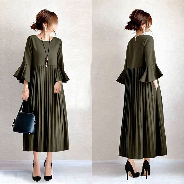 ワンピース ギャザー 綿混 フレア袖 切り替え ミモレ丈 七分袖 フェミニン雰囲気 春秋 無地 大人可愛い カジュアル フォーマル 結婚式 ふんわり Aライン 披露宴 ロングワンピース 着痩せ きれいめ 高級感 上品 体型カバー
