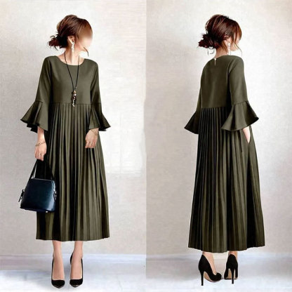 ワンピース ギャザー 綿混 フレア袖 切り替え ミモレ丈 七分袖 フェミニン雰囲気 春秋 無地 大人可愛い カジュアル フォーマル 結婚式 ふんわり Aライン 披露宴 ロングワンピース 着痩せ きれいめ 高級感 上品 体型カバー