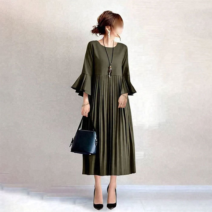 ワンピース ギャザー 綿混 フレア袖 切り替え ミモレ丈 七分袖 フェミニン雰囲気 春秋 無地 大人可愛い カジュアル フォーマル 結婚式 ふんわり Aライン 披露宴 ロングワンピース 着痩せ きれいめ 高級感 上品 体型カバー