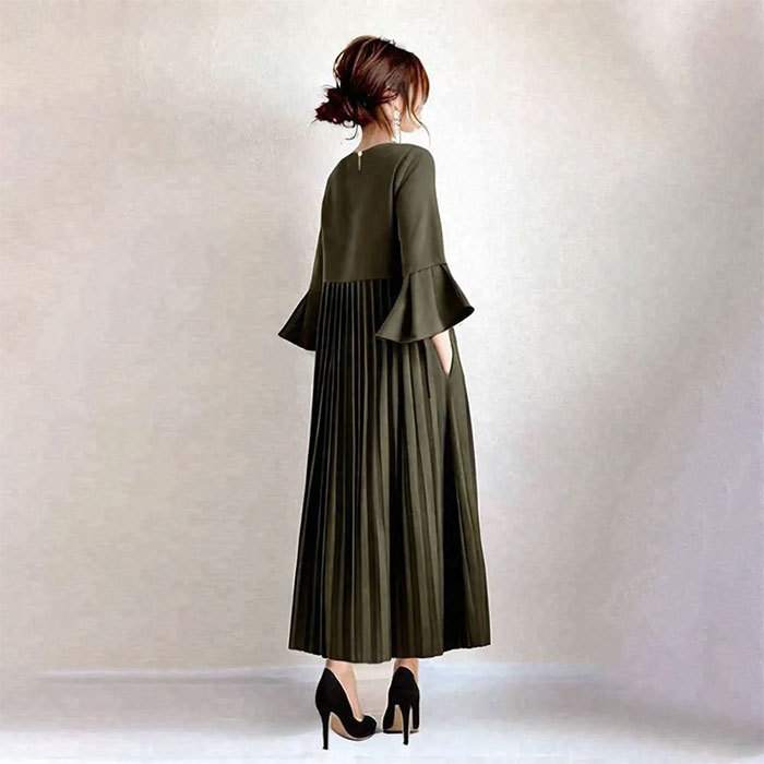 ワンピース ギャザー 綿混 フレア袖 切り替え ミモレ丈 七分袖 フェミニン雰囲気 春秋 無地 大人可愛い カジュアル フォーマル 結婚式 ふんわり Aライン 披露宴 ロングワンピース 着痩せ きれいめ 高級感 上品 体型カバー