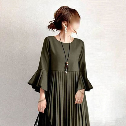 ワンピース ギャザー 綿混 フレア袖 切り替え ミモレ丈 七分袖 フェミニン雰囲気 春秋 無地 大人可愛い カジュアル フォーマル 結婚式 ふんわり Aライン 披露宴 ロングワンピース 着痩せ きれいめ 高級感 上品 体型カバー