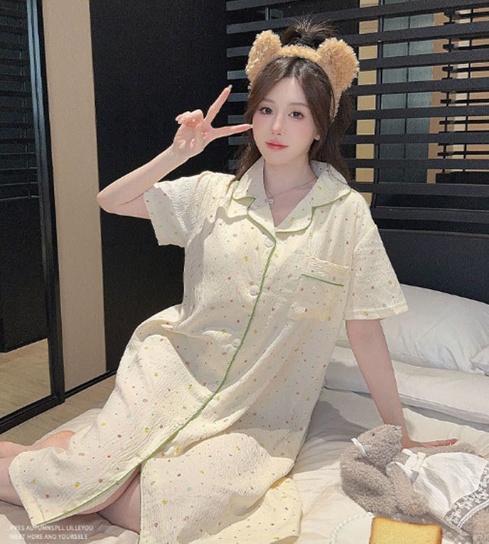 ネグリジェ 前開き パッド付 綿 コットン 総柄 ワンピース 春夏 夏 半袖 ロング ナイトウエア ナイトドレス ルームウエア パジャマ 部屋着 北欧風 可愛い ゆったり 上品 高級 オールシーズン 洗える 肌触りよい おしゃれ 綺麗 大きいサイズ